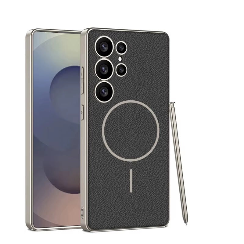LuxeEdge S25 – Magnetic Leather & Metal Bumper Case