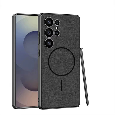 LuxeEdge S25 – Magnetic Leather & Metal Bumper Case