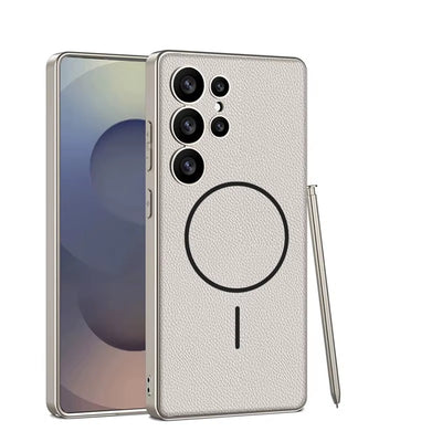 LuxeEdge S25 – Magnetic Leather & Metal Bumper Case
