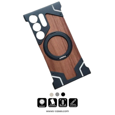 WoodArmor S25 Ultra – Walnut Wood & Metal Shockproof Case with 360° Magnetic Stand