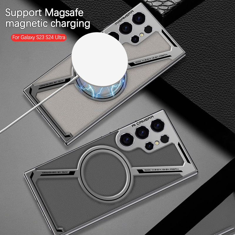 LuxPlate S25 Ultra – MagSafe Leather Case with Plated Detailing & Wireless Charging