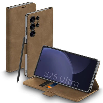 PlatiFold S25 – Magnetic Frosted Leather Flip Wallet Case