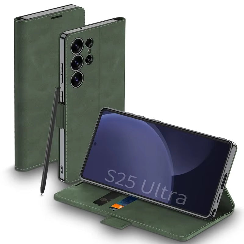 PlatiFold S25 – Magnetic Frosted Leather Flip Wallet Case