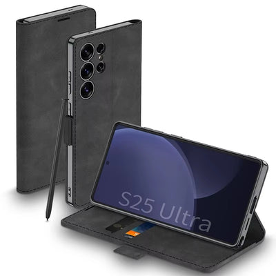 PlatiFold S25 – Magnetic Frosted Leather Flip Wallet Case