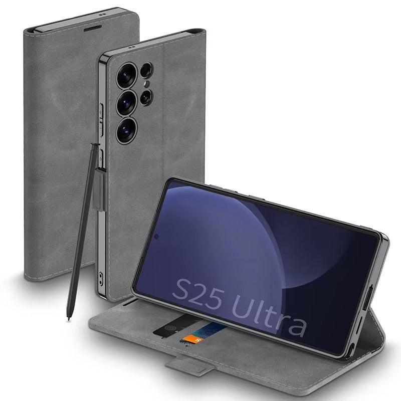 PlatiFold S25 – Magnetic Frosted Leather Flip Wallet Case