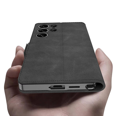 PlatiFold S25 – Magnetic Frosted Leather Flip Wallet Case