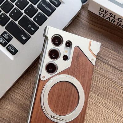 WoodArmor S25 Ultra – Walnut Wood & Metal Shockproof Case with 360° Magnetic Stand