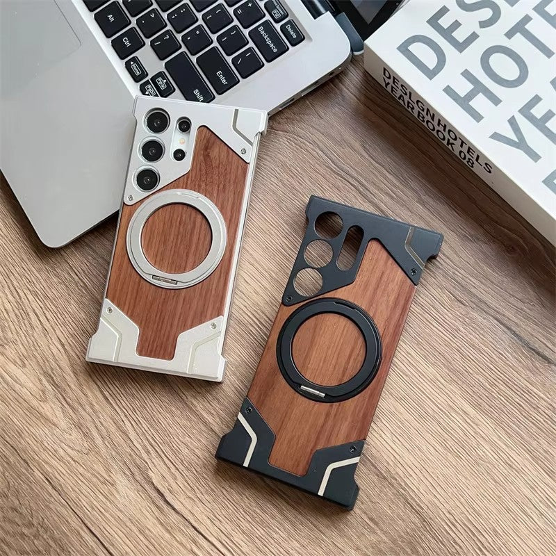 WoodArmor S25 Ultra – Walnut Wood & Metal Shockproof Case with 360° Magnetic Stand